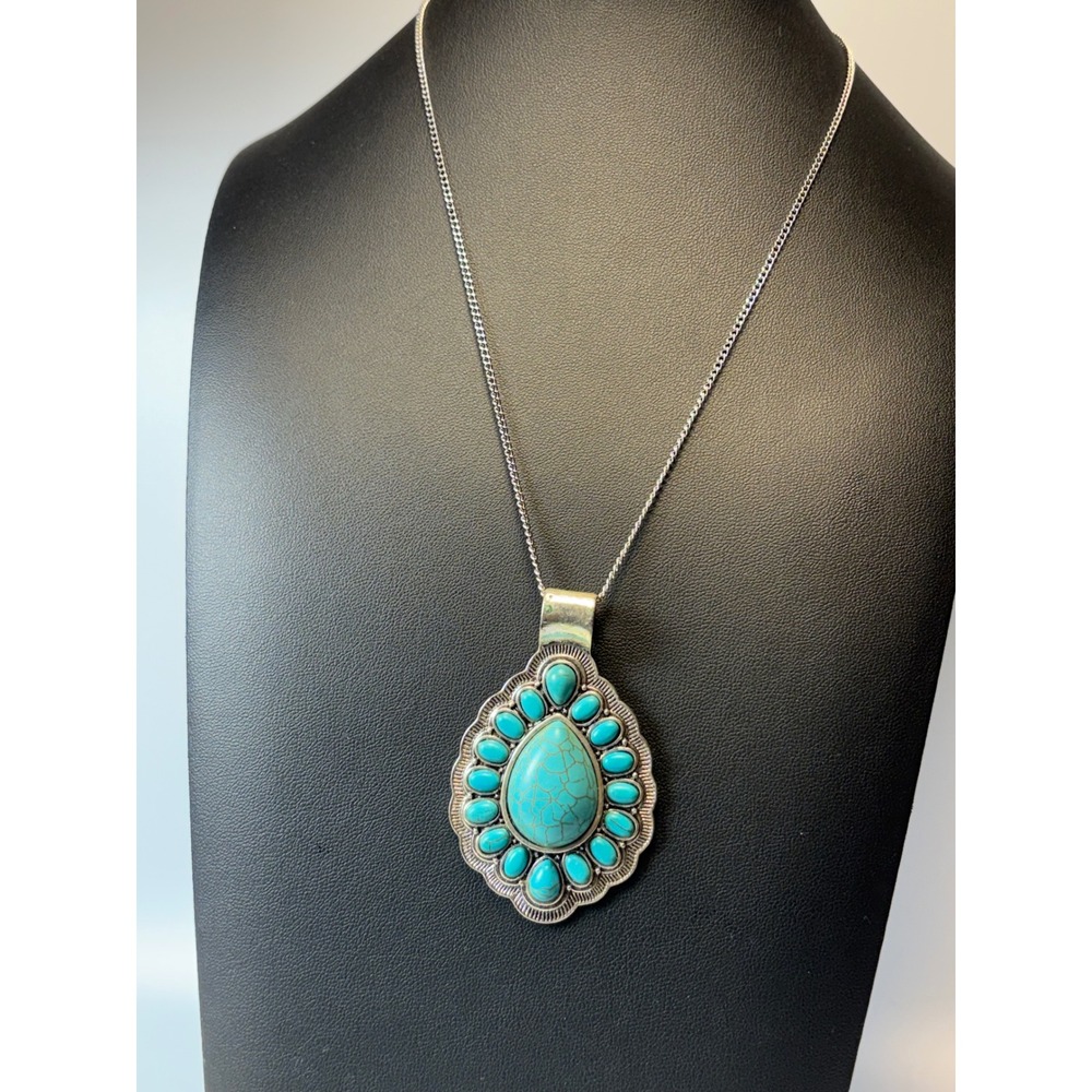 Teardrop Pendant Necklace Silver Tone Boho Statement Western Style